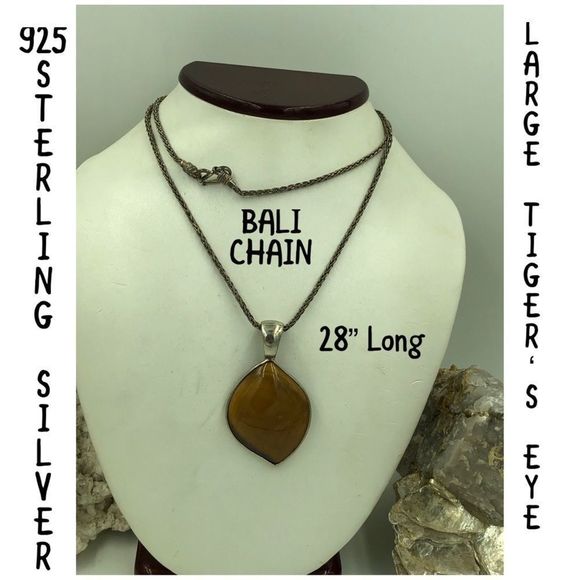 925 STER Silver L Tiger’s Eye Necklace 28” Long - Picture 1 of 6